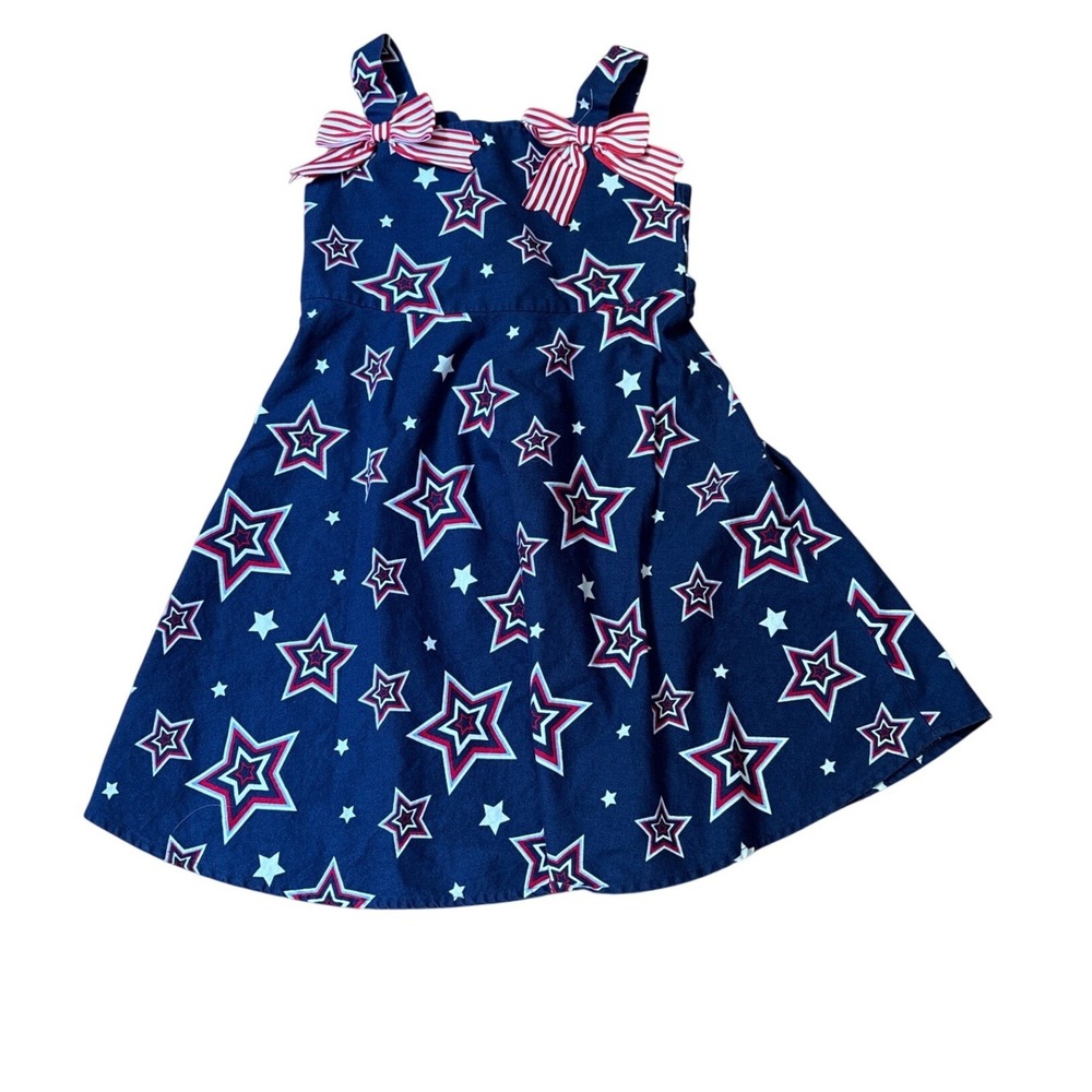 Jessica‎ Ann Star Print Patriotic Dress Kids Navy Blue Bow Shoulder SIZE 6